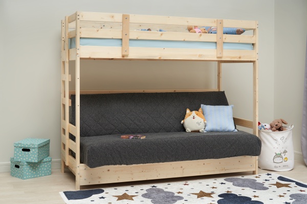 Двухъярусная кровать массив с диван-кроватью темно-серый / натуральный